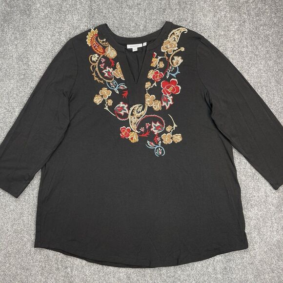 Chicos Top Sz 3 Womens XL Black Floral Embroidered Pima Cotton Blend 3/4 Sleeve - Picture 1 of 7